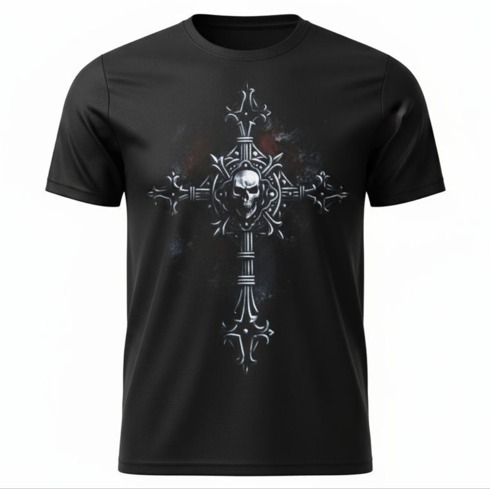 Men's Goth Biker Skull & Cross Graphic Short Sleeve Black T-Shirt Top, sz Large